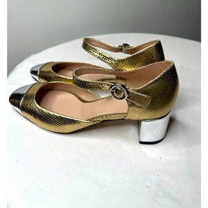 J. Crew Womens $224 Metallic Snake Shoes Gold Heels Size 9 BM688